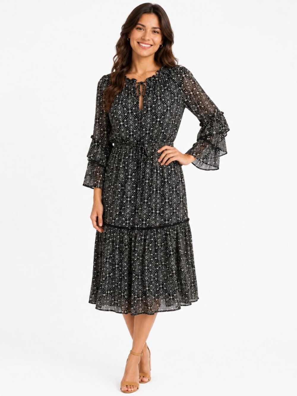 MISA Los Angeles Dress Women Small Black Boho Floral Ruffle Midi Made in USA